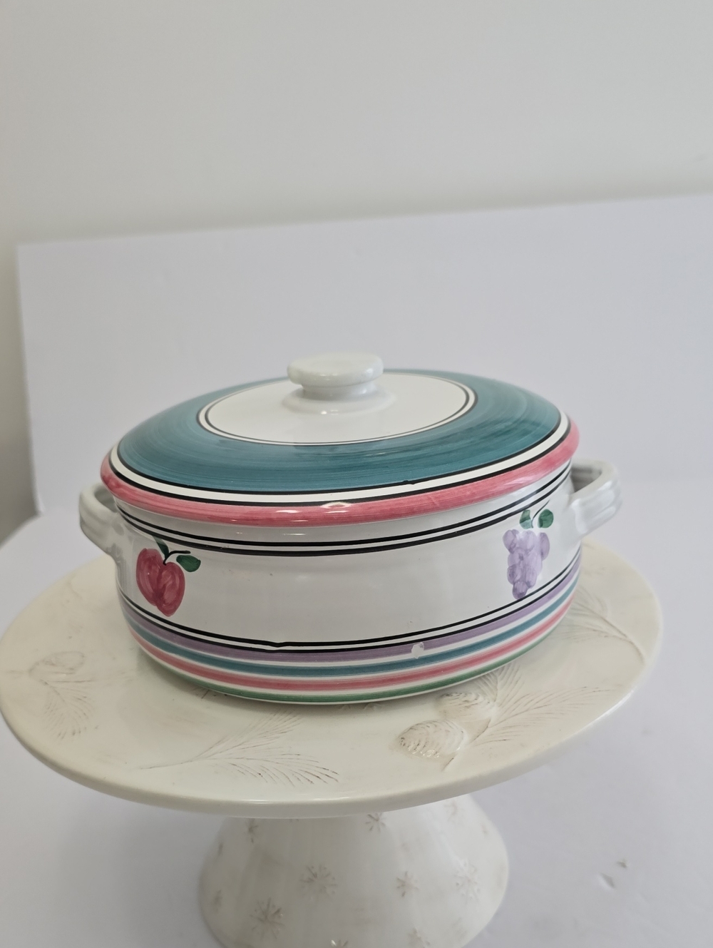 Caleca Orchard  Italy Handpainted Covered Casserole Dish Ceramic Fruit Bands